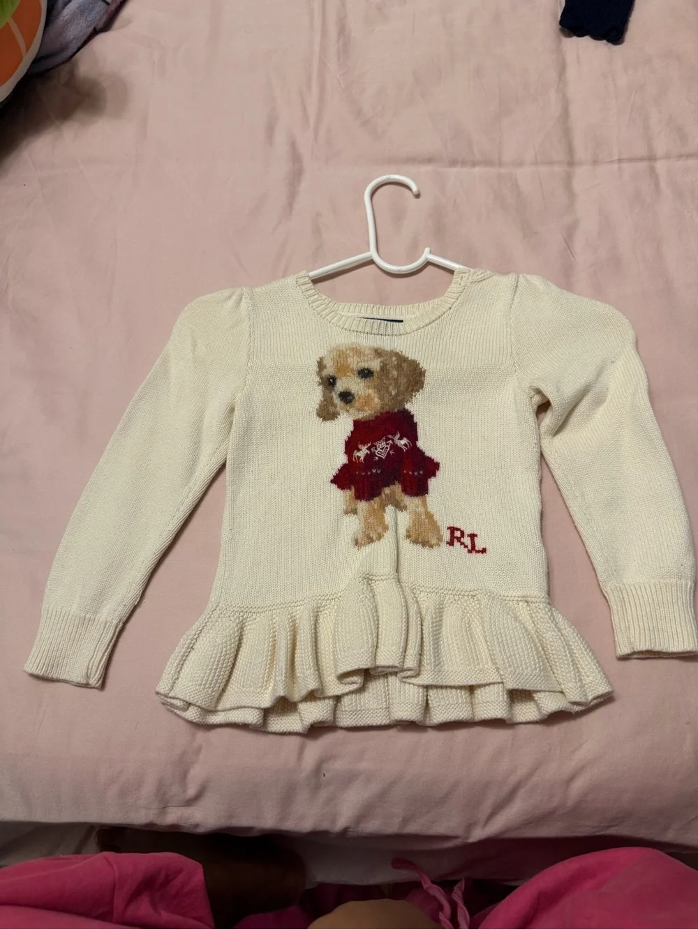 Ralph Lauren Cream Knit Puppy Sweater with Red Accent